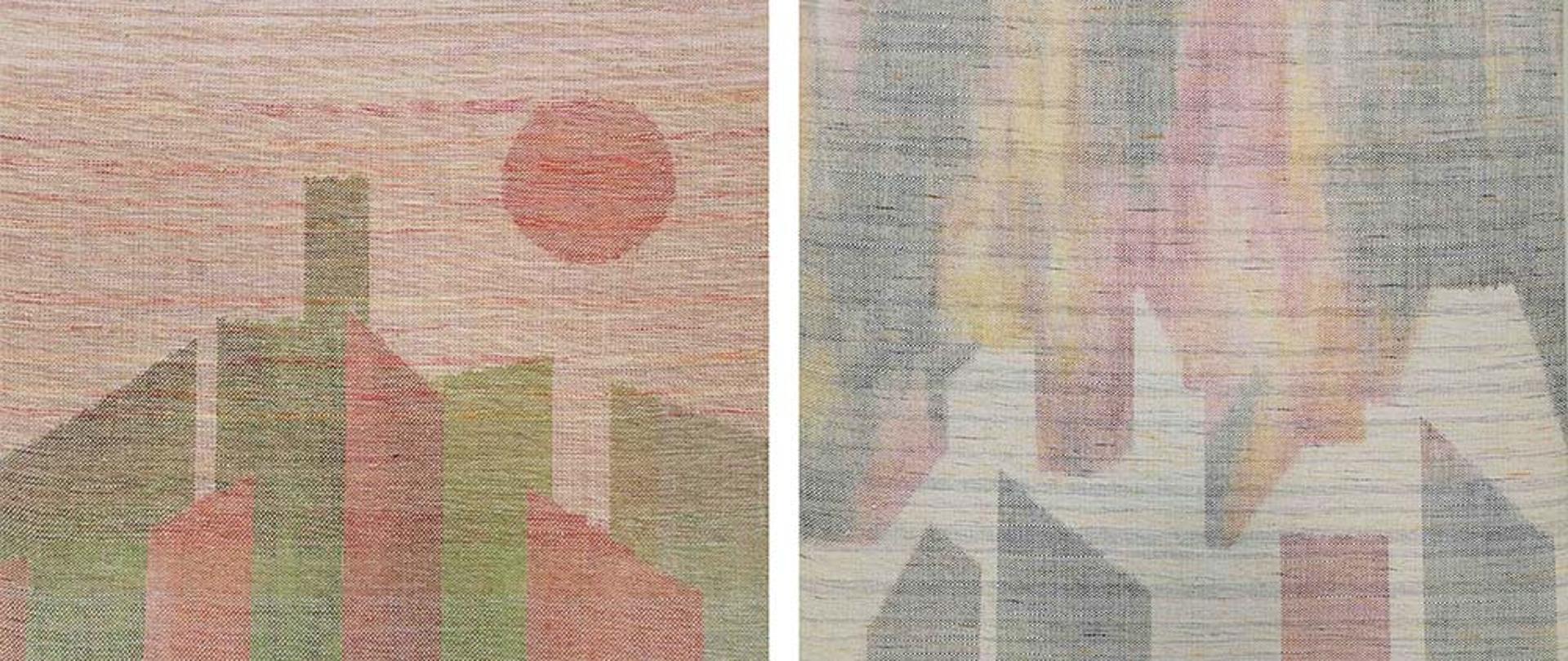 Zestaw czterech prac eksponowanych w kwadracie z motywami syntetycznej architektury o pastelowych kolorach. 