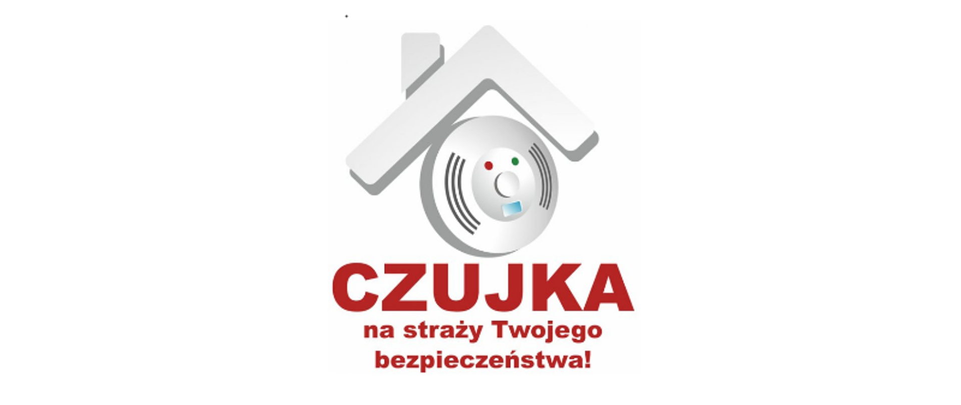 Logo akcji "Czujka na straży Twojego bezpieczeństwa!". Przedstawiona jest na nom czujka tlenku węgla, nad którą jest dach i komin symbolizujący dom jednorodzinny, a pod wszystkim umieszczony jest czerwony napis "Czujka na straży Twojego bezpieczeństwa!".