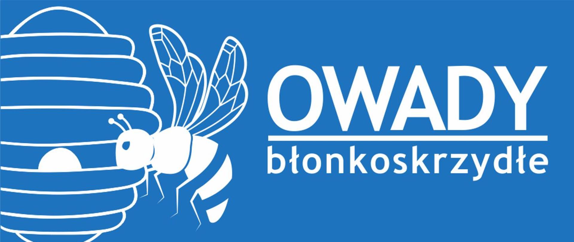 Biały napis: Owady błonkoskrzydłe – postępowanie. Obok napisu biała grafika przedstawiająca ul i pszczołę.