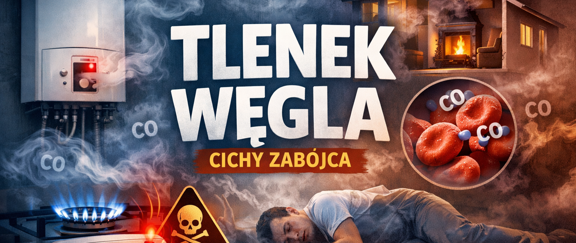 Ilustracja edukacyjna przedstawiająca zagrożenie tlenkiem węgla. Widoczny napis „Tlenek węgla – cichy zabójca”, czujnik CO pokazujący wysokie stężenie, nieprzytomny mężczyzna leżący na podłodze oraz urządzenia grzewcze emitujące tlenek węgla w domu.