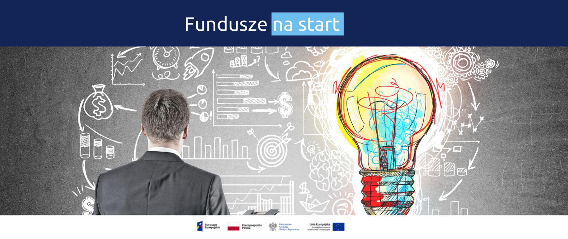 Na grafice napis: "Fundusze na start", zdjęcie człowieka stojącego przed tablicą oraz żarówka, a także loga Funduszy Europejskich, Rzeczypospolitej Polskiej, Ministerstwa Funduszy i Polityki Regionalnej i Unii Europejskiej