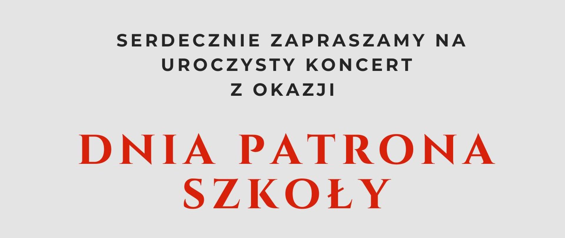 Plakat informacyjny o uroczystym koncercie z okazji Święta Niepodległości i Dnia Patrona szkoły. Na białym tle z czerwonymi elementami znajduje się treść zaproszenia: „Serdecznie zapraszamy na uroczysty koncert z okazji Święta Niepodległości i Dnia Patrona Szkoły”. Wydarzenie odbędzie się 6 listopada 2025 roku o godzinie 17:00 w Sali Koncertowej Państwowej Szkoły Muzycznej I stopnia im. Ignacego Jana Paderewskiego w Olecku. Kolory plakatu nawiązują do barw narodowych Polski – bieli i czerwieni.