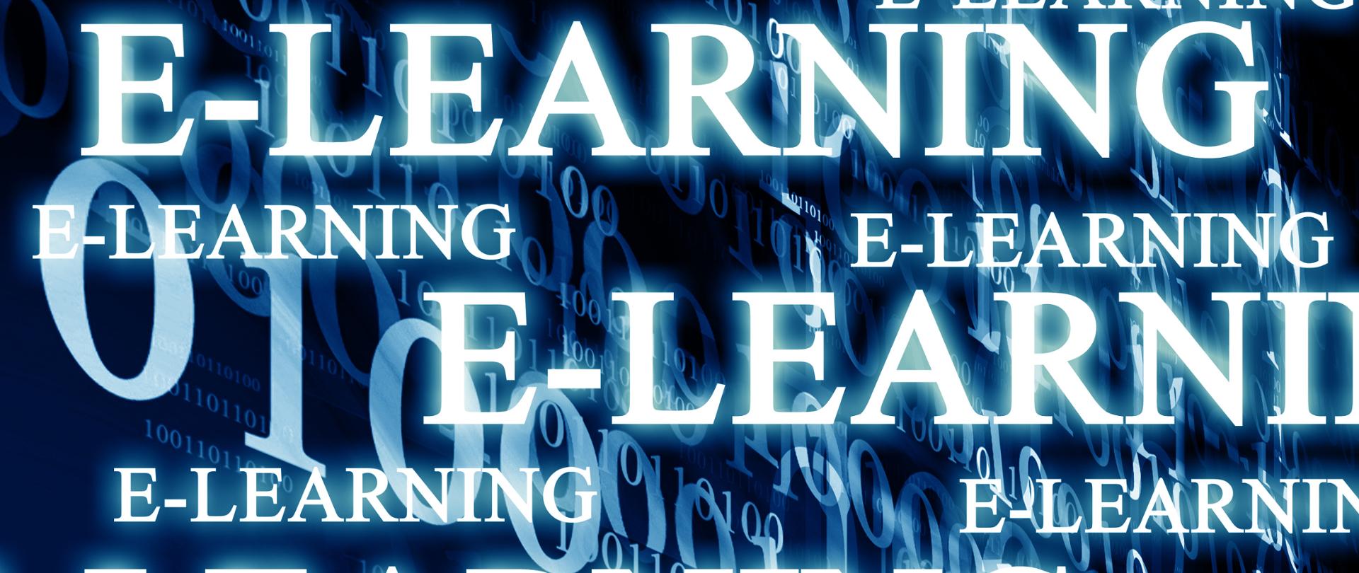 Grafika - napisy E-Learning na niebieskim tle.