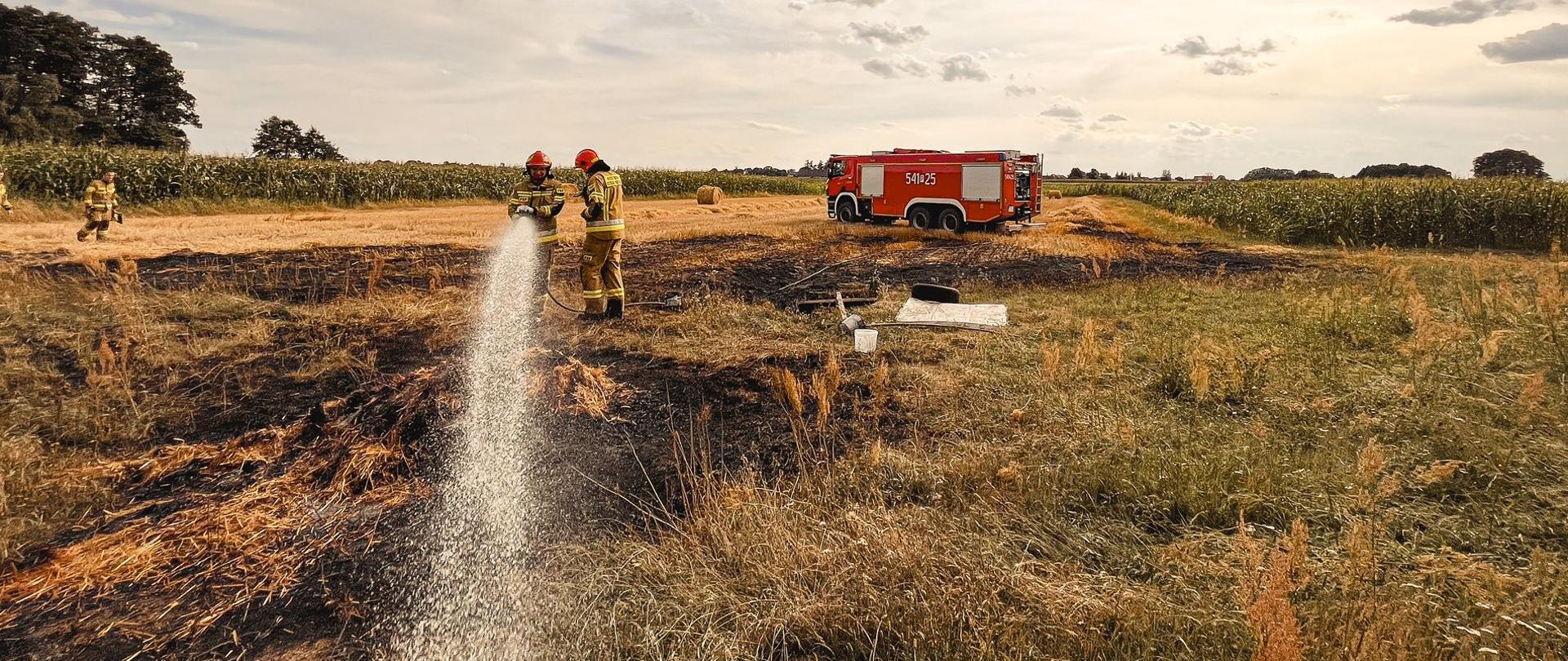 Strażacy przelewają teren pogorzeliska. 