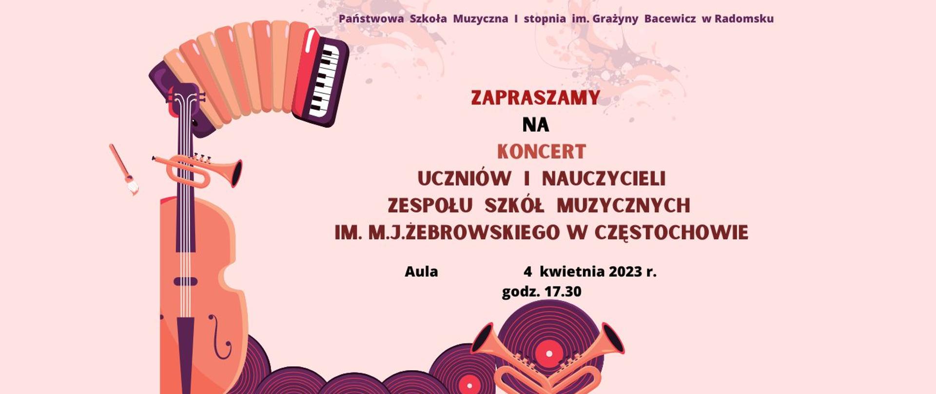 Na różowym tle znajdują się napisy i grafiki instrumentów (akordeonu, trąbek, wiolonczeli ) w kolorach czerwonym, brązowym, czarnym, bordowym, fioletowym.