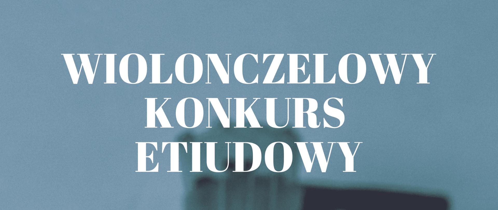 w centralnej części biały napis "Wiolonczelowy Konkurs Etiudowy", poniżej w żółtej ramce biały napis "PSM Opole edycja 2023", w tle wiolonczela widoczna od strony gryfu, w dolnej części na żółtym tle informacja o terminie i miejscu konkursu