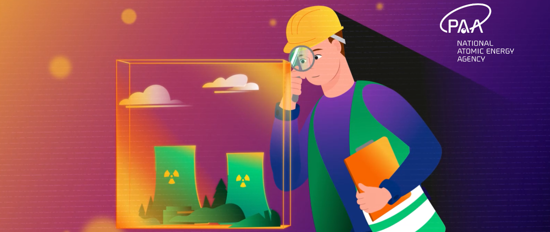 Graphic - a nuclear regulatory inspector with a protective helmet and a vest looks through a magnifying glass at a symbolic visualization of a nuclear power plant enclosed in a cube. In the inspector's other hand there is a notebook