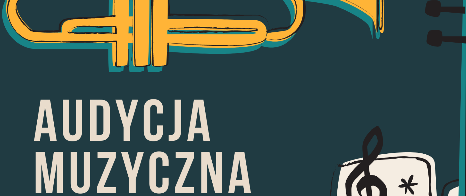 Plakat na ciemno zielonym tle, W górnej części żółty saksofon, poniżej napis audycja muzyczna uczniów klasy V cyklu 6-letniego PSM I stopnia,, w lewym dolnym rogu data i godzina wydarzenia. W prawej części plakatu grafika przedstawiająca pomarańczowe skrzypce