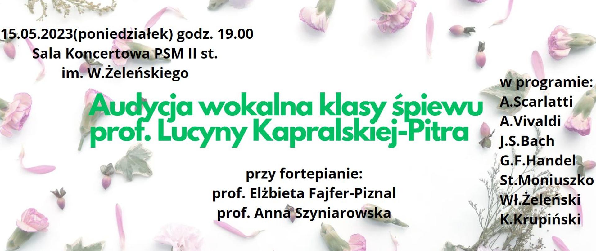 grafika różowe goździki na białym tle i napis audycja wokalna klasy śpiewu 15.05.2023 godz. 19.00