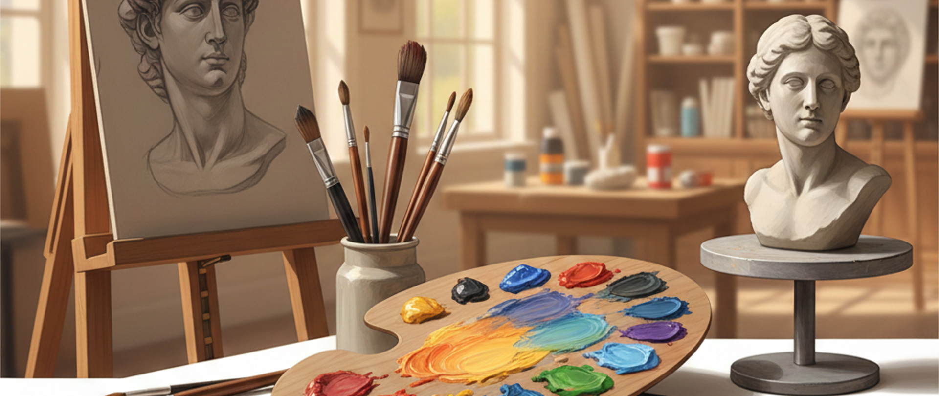 Obrazek, w którym na pierwszym planie jest paleta z farbami i pędzle, a tle sztaluga z portretem oraz rzeźbione popiersie