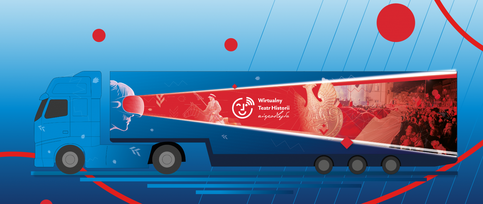 Zdjęcie przedstawia grafikę w niebiesko-błękitnej kolorystyce z elementami czerwieni, szarości i czerni. Grafika ta przedstawia pojazd ciężarowy z naczepą (TIR), który na naczepie przedstawia reklamę Wirtualnego Teatru Historii "Niepodległa".
