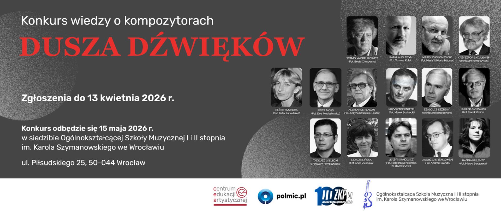 szaroczarny baner zapowiadający konkurs CEA "Dusza Dźwięków". Zawiera zdjęcia polskich kompozytorów