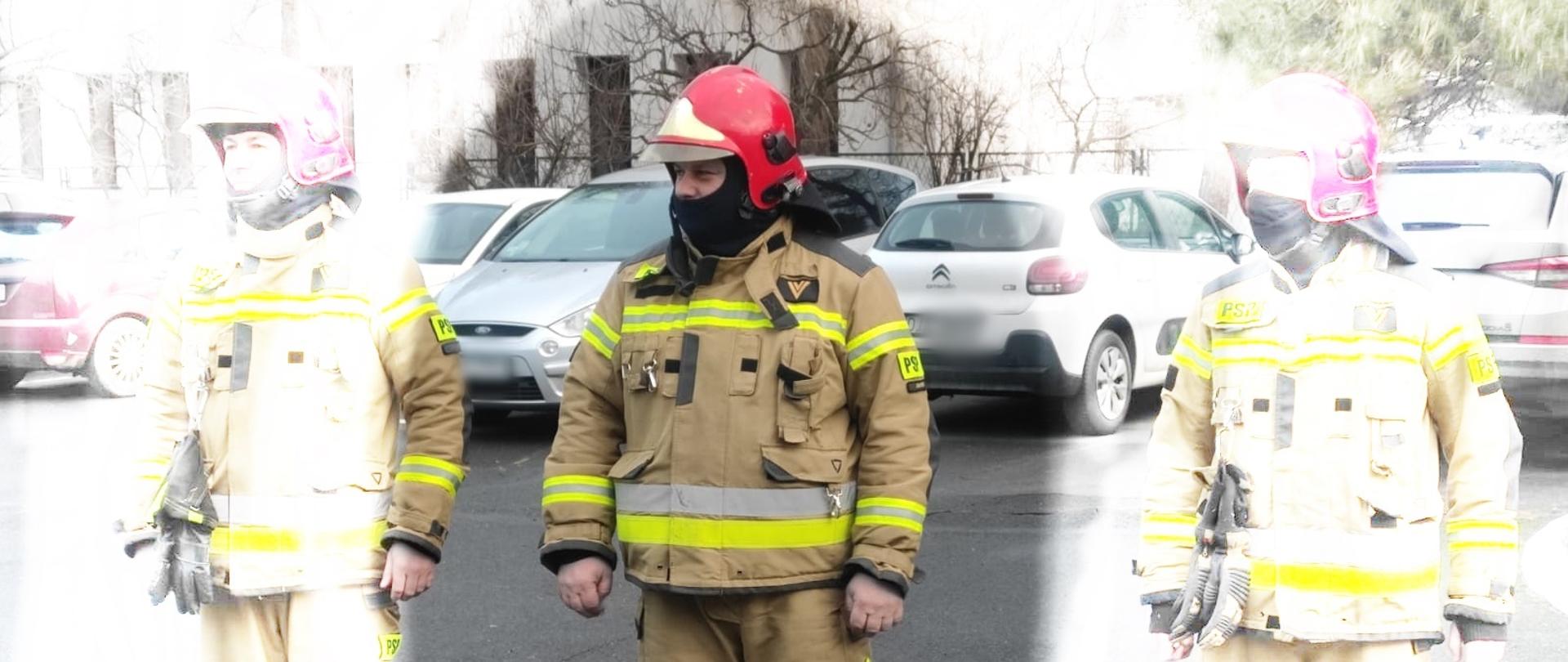 Obraz przedstawia st. ogn. Grzegorza Robak podczas zmiany służby. Strażak w umundurowaniu specjalnym na plac jaworskiej komendy. W tle samochody na parkingu. Pora dzienna.