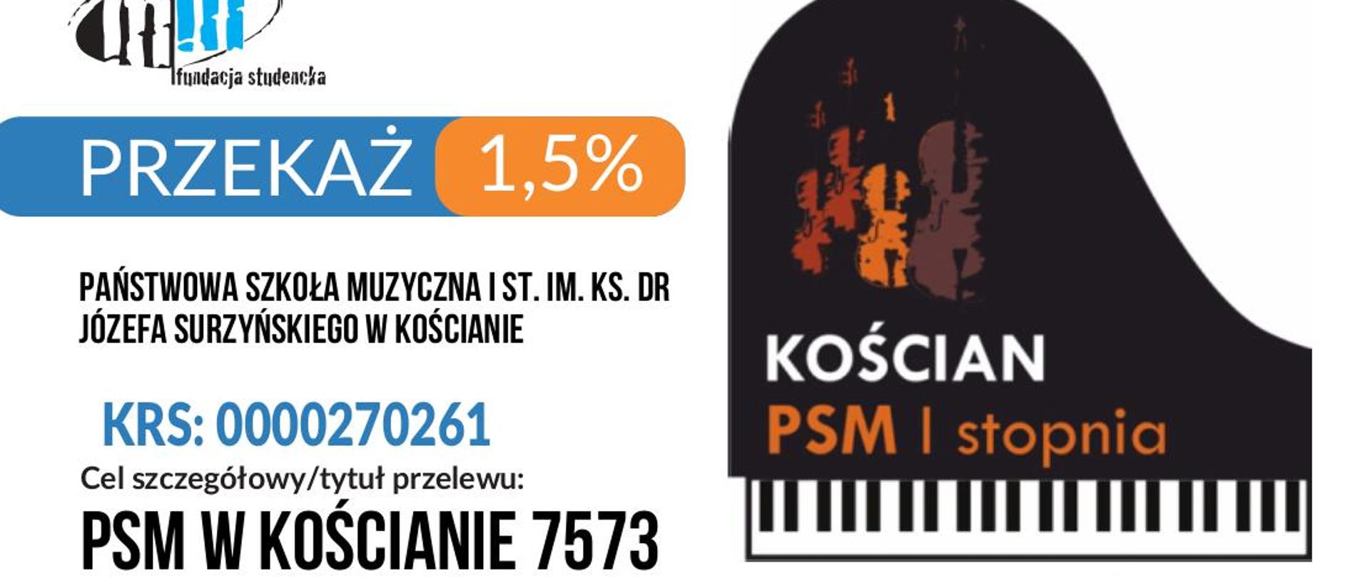 wizytówka z danymi pozwalającymi przekazać 1,5% podatku na cele statutowe szkoły