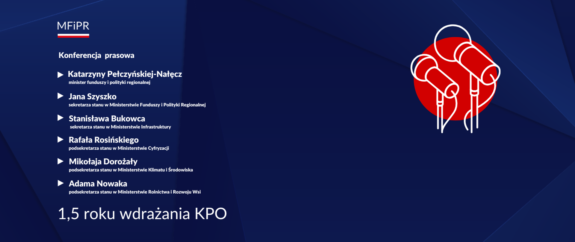 Zapowiedź konferencji 16 czerwca - 1,5 roku wdrażania KPO
Katarzyny Pełczyńskiej-Nałęcz, minister funduszy i polityki regionalnej,
Jana Szyszko, sekretarza stanu w Ministerstwie Funduszy i Polityki Regionalnej,
Mikołaja Dorożały, podsekretarza stanu w Ministerstwie Klimatu i Środowiska,
Rafała Rosińskiego, podsekretarza stanu w Ministerstwie Cyfryzacji,
Stanisława Bukowca, sekretarza stanu w Ministerstwie Infrastruktury,
Adama Nowaka, podsekretarza stanu w Ministerstwie Rolnictwa i Rozwoju Wsi.
