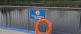 Betonowy pomost na kąpielisku z kołem ratunkowym opartym o barierkę. Nad kołem wisi tabliczka "Zakaz skoków do wody"