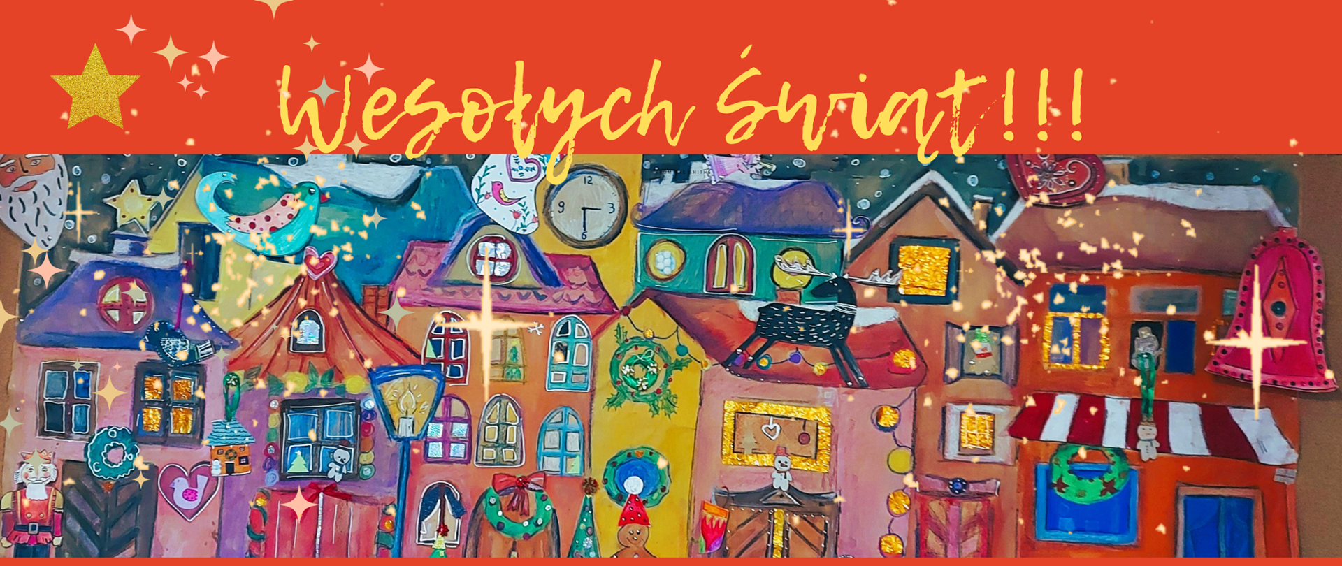 Baner na Boże Narodzenie 2023 zawiera dziecięcą kolorową grafikę z domkami w świątecznym wystroju, zwięrzątkami, gwiazdkami, napis Wesołych Świąt.