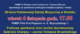 Plakat promujący publikację jubileuszową z zaproszeniem na spotkanie 04.11.2025 w w Kłodzku o godzinie 17:00 w PiMBP Filia Pod Pegazem ul. S. Wyszyńskiego 1