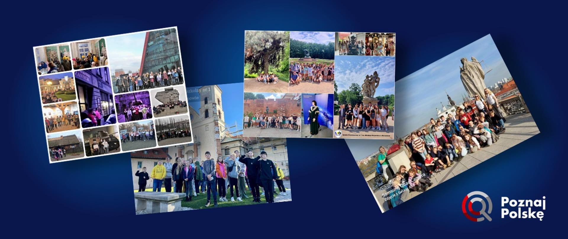 Kolaż przedstawiający kilka zdjęć z uczniami zwiedzającymi różne miejsca.