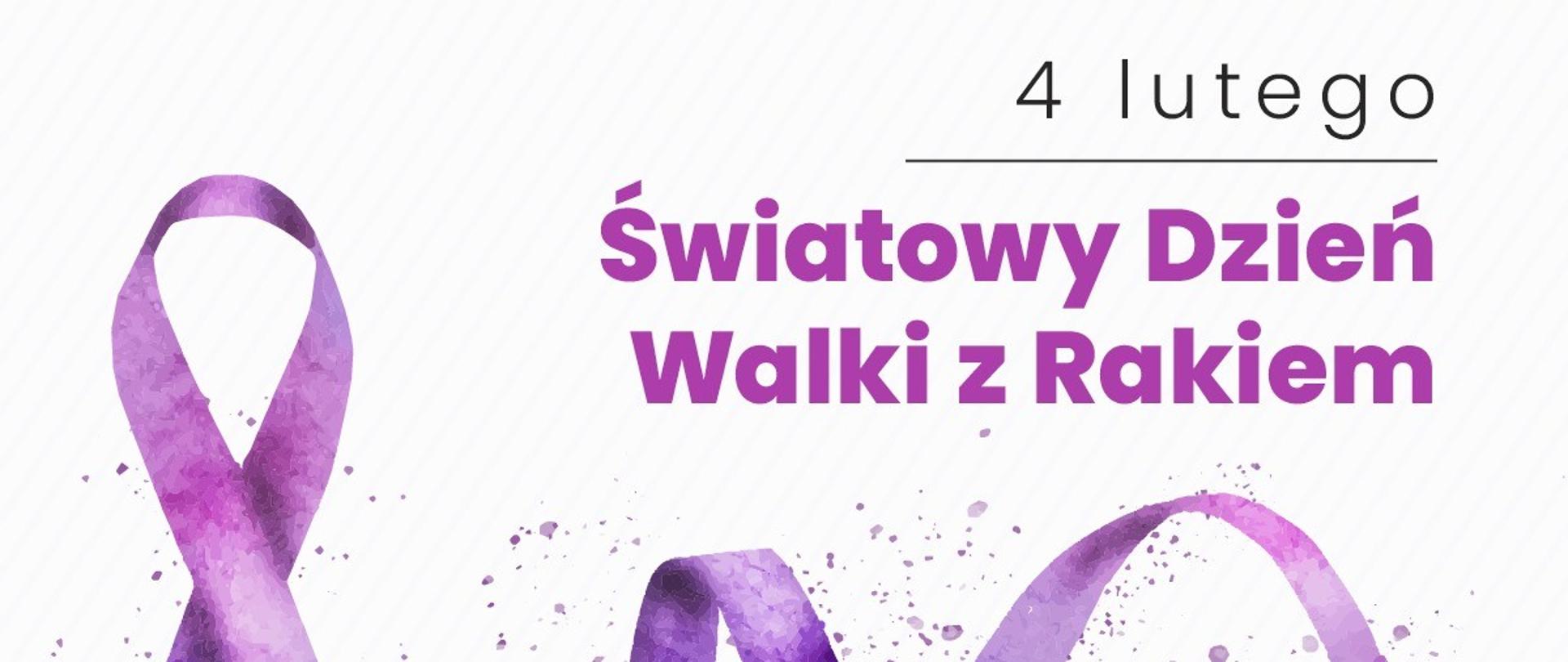 Na białym tle umieszczono fioletową wstęgę. W górnej części umieszczono napis w kolorze fioletowym o treści: "Światowy Dzień Walki z Rakiem". W dolnej części umieszczono napis w kolorze czarnym o treści: "Zmniejsz ryzyko zachorowania". W lewym dolnym rogu znajdują się loga Ministerstwa Zdrowia i Państwowej Inspekcji Sanitarnej.