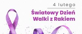Na białym tle umieszczono fioletową wstęgę. W górnej części umieszczono napis w kolorze fioletowym o treści: "Światowy Dzień Walki z Rakiem".