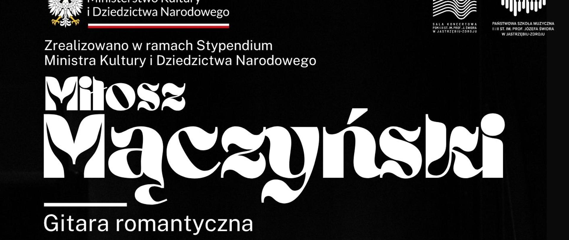 Plakat informacyjny dotyczący koncertu gitarowego Miłosza Mączyńskiego odbywającego się w dniu 23.09.2026 o godz. 18.00.