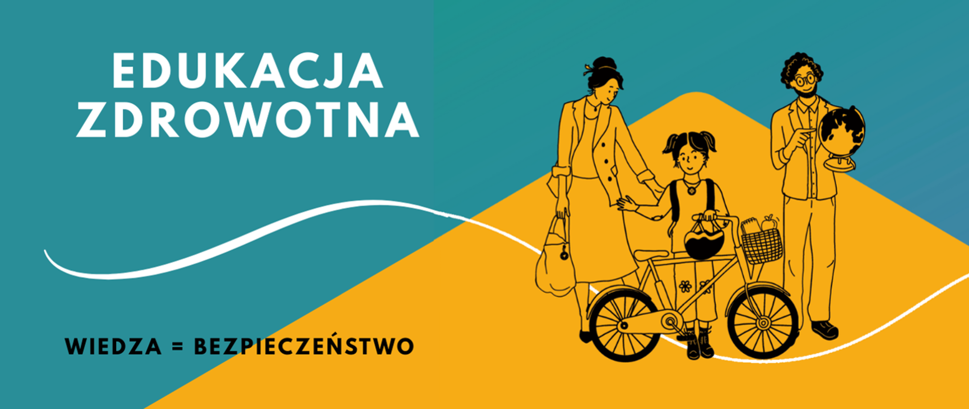Edukacja zdrowotna - logo z zielono żółtym tłem po lewej stronie dziewczynka na rowerze z rodzicami, po prawej napis edukacja zdrowotna , wiedza=bezpieczeństwo