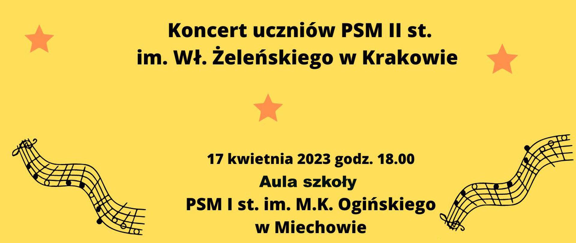 Na żółtym tle znajdują się informacje o koncercie