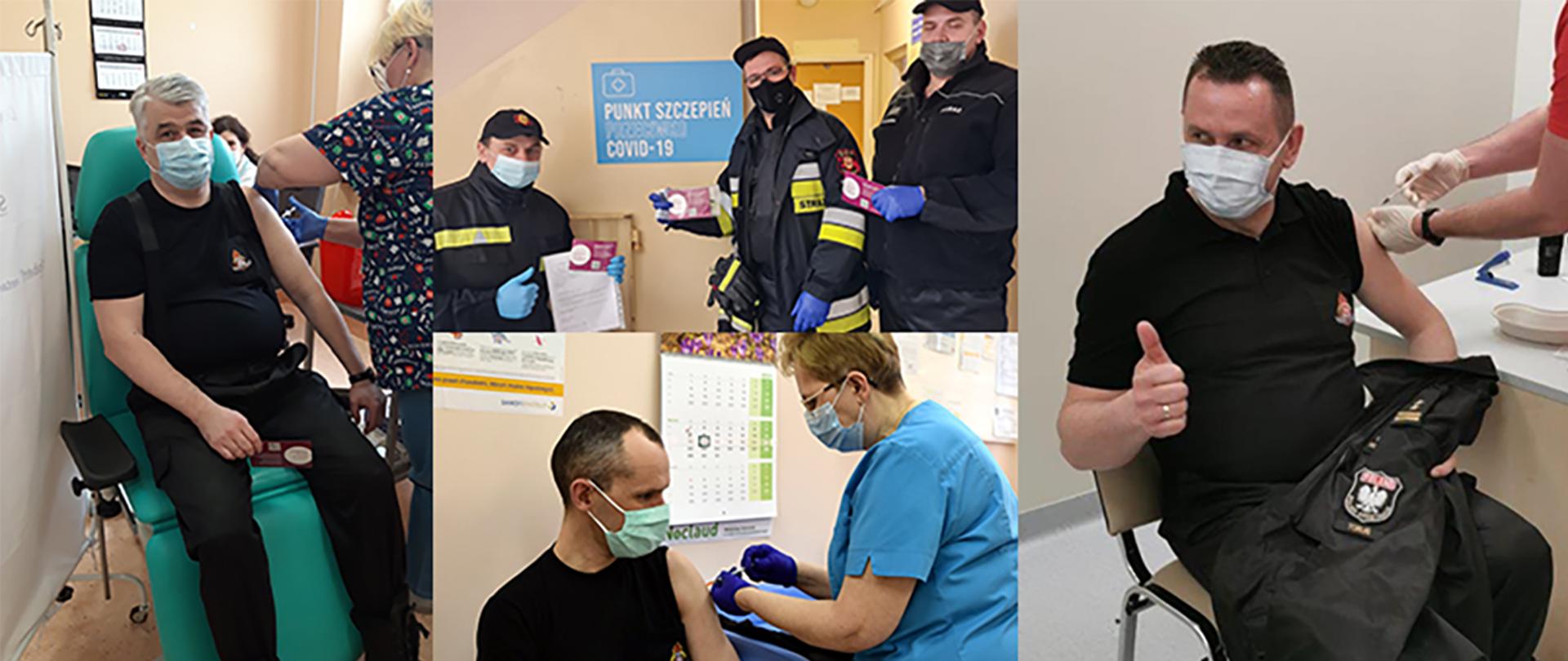 Kolaż czterech zdjęć przedstawiających strażaków podczas szczepień przeciwko COVID19