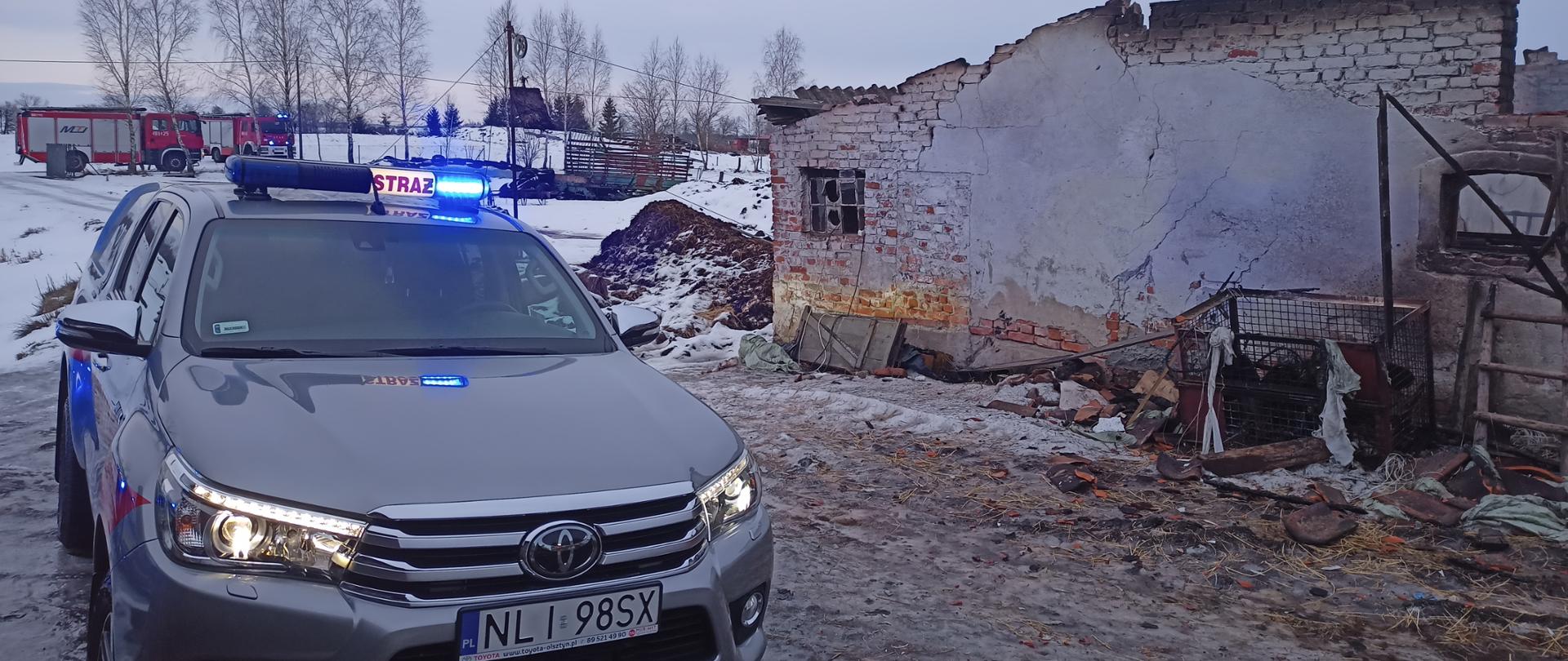 Zdjęcie przedstawia pojazdy pożarnicze w tle zniszczonego przez ogień budynku inwentarskiego