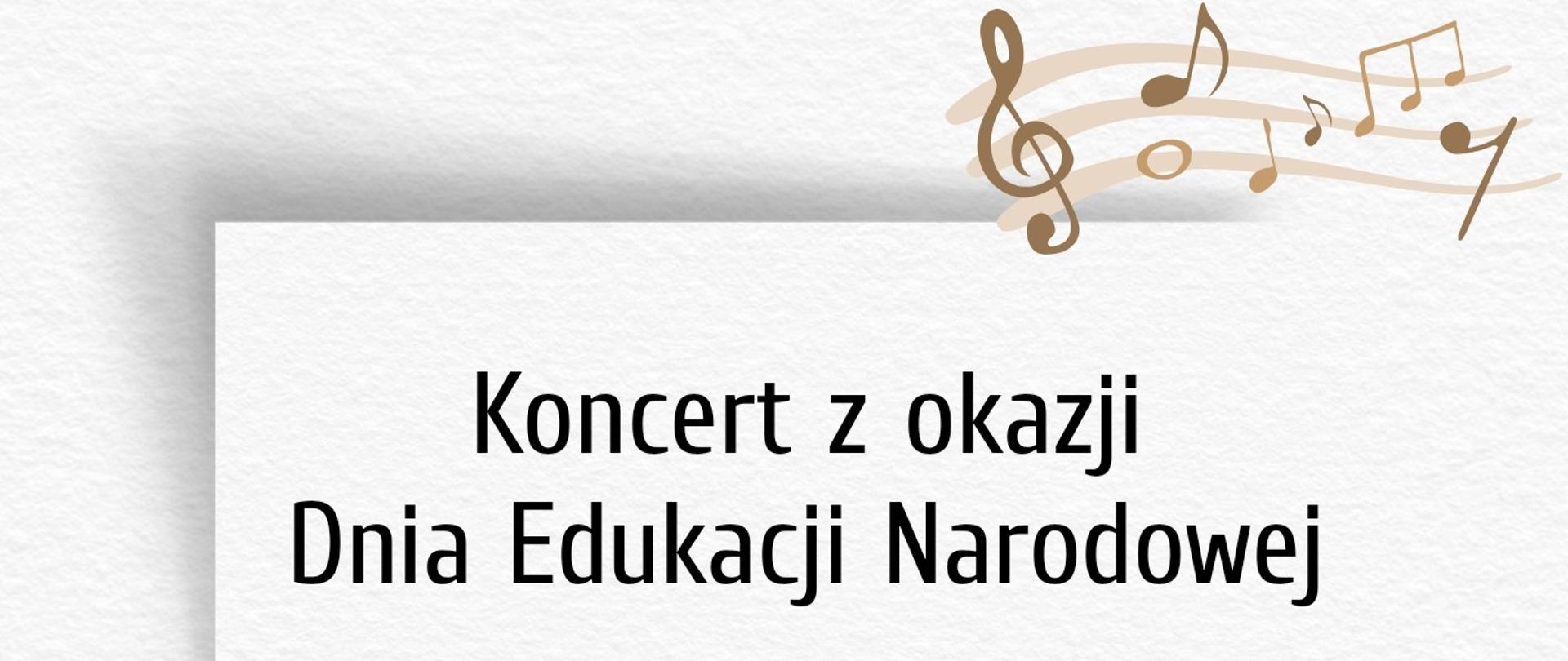 plakat w formie białej kartki na zaproszenie na koncert, od samej góry brązowy klucz wiolinowy na pięciolinii z nutkami, poniżej informacje dotyczące wydarzenia oraz bukiet róż na dole