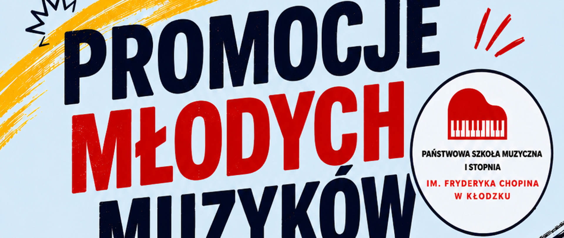 Plakat koncertu „Promocje Młodych Muzyków – Kłodzko 2026” z dziećmi grającymi na klarnecie, wiolonczeli, skrzypcach i fortepianie; wydarzenie odbędzie się 17 czerwca 2026 o godz. 17:00 w sali koncertowej PSM, wstęp wolny.