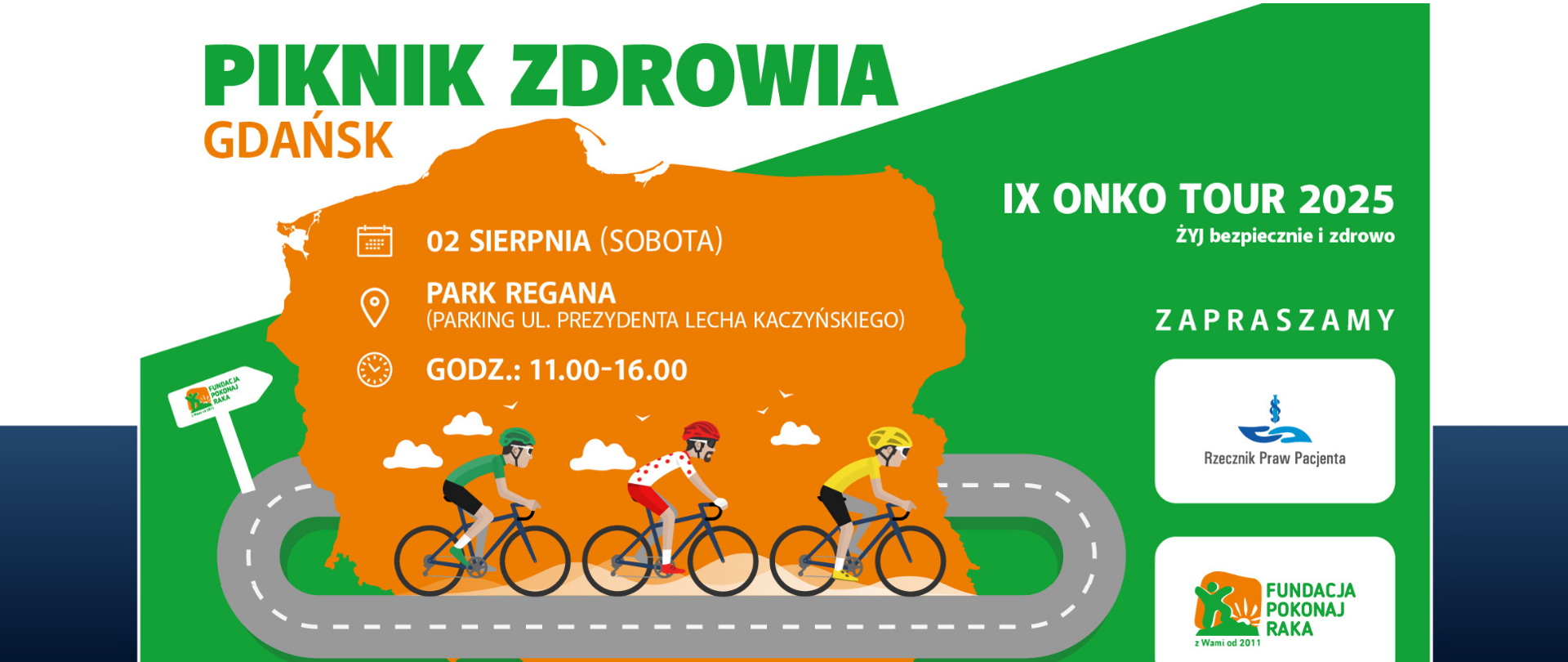 Grafika przedstawia mapę Polski w kolorze pomarańczowym z datą pikniku zdrowia w Gdańsku. Na dole mapy jest droga biegnąca wokół mapy, a niej trzech rowerzystów.