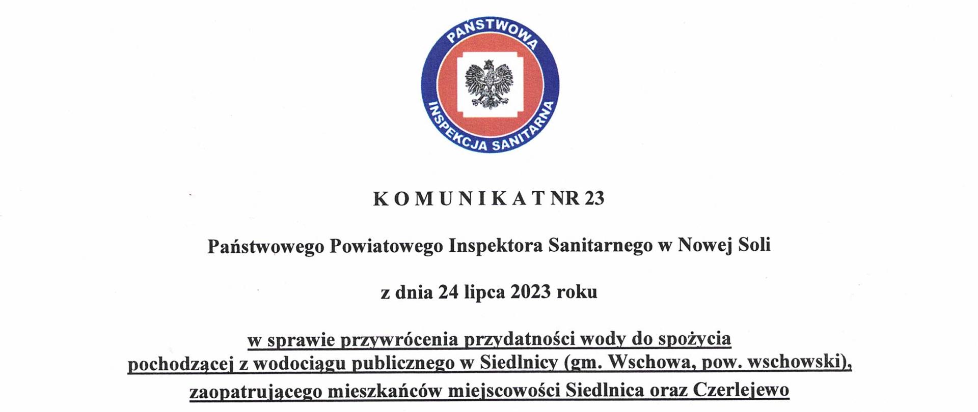 Komunikat nr 23 przydatność siedlnica