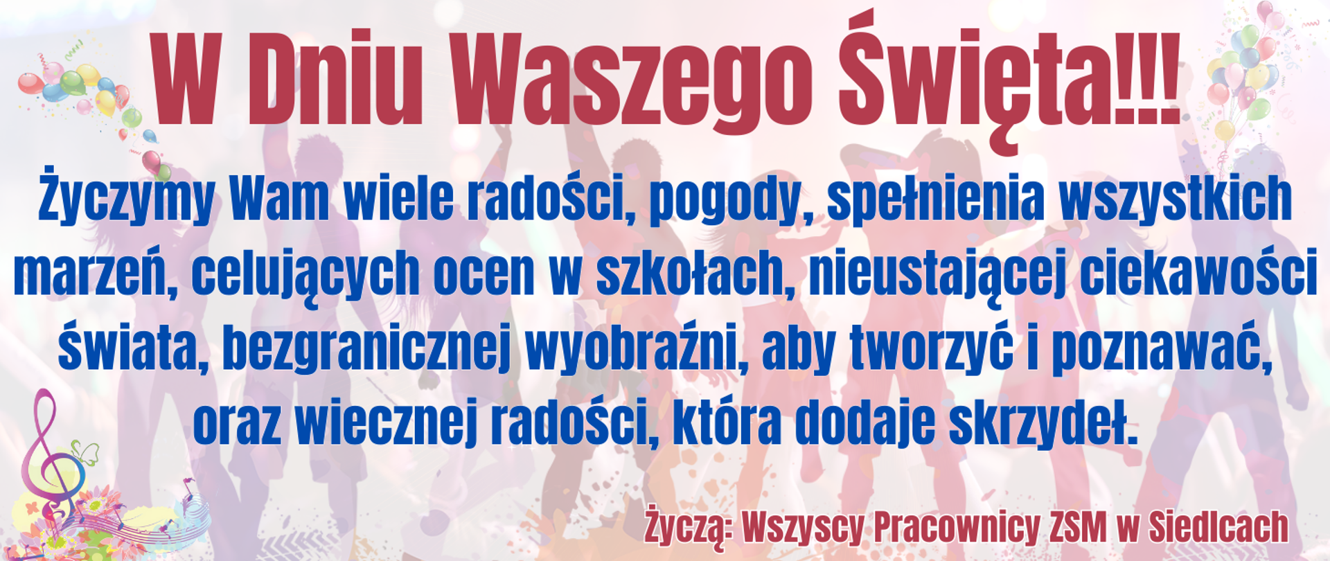 transparentne kolorowe tło z bawiącą się młodzieżą, muzyczne elementy dekoracyjne, kolorowa treść życzeń z okazji Dnia Dziecka