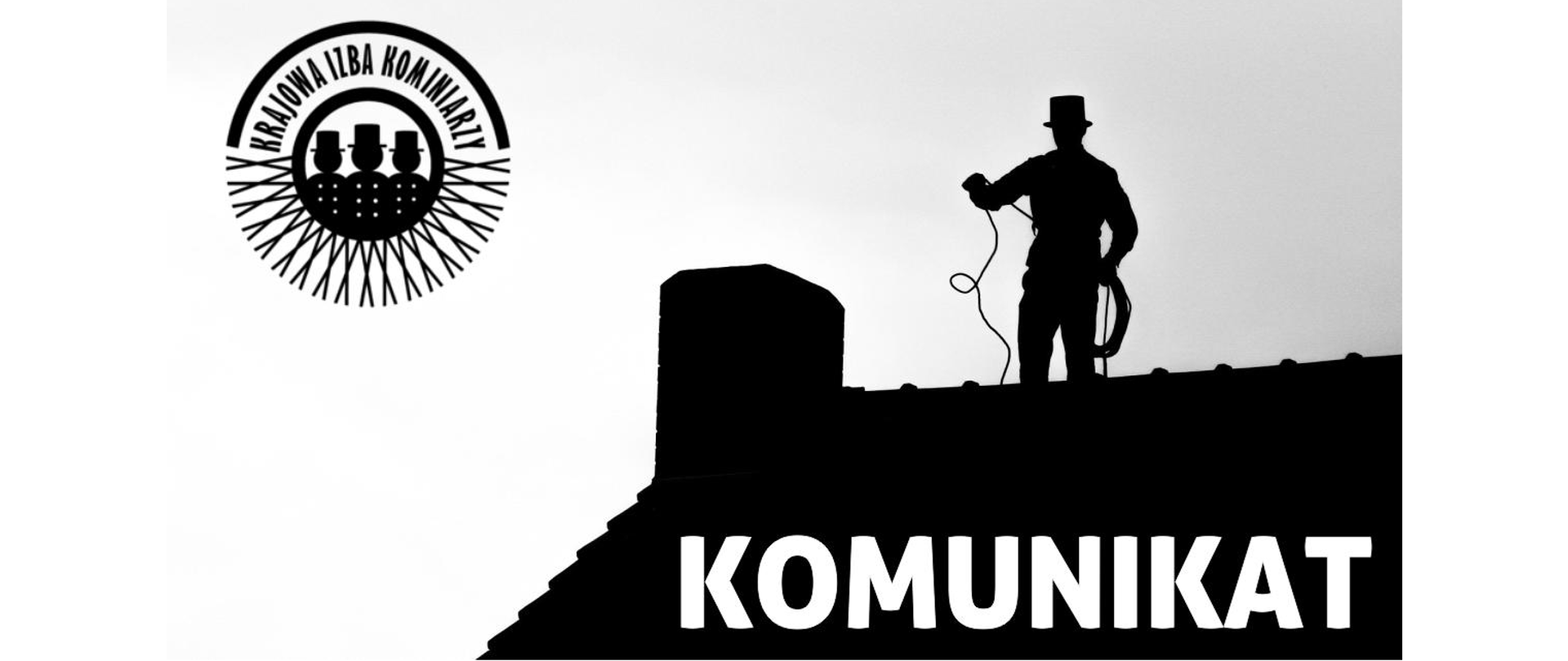 Obraz przedstawia w lewym górnym rogu logo Krajowej Izby Kominiarzy, natomiast z prawej strony można zaobserwować dach dwuspadowy z częścią komina, przy którym widać postać kominiarza trzymającego w rękach linę. Na tle czarnego dachu w dolnej jego części znajduje się biały napis: "KOMUNIKAT"