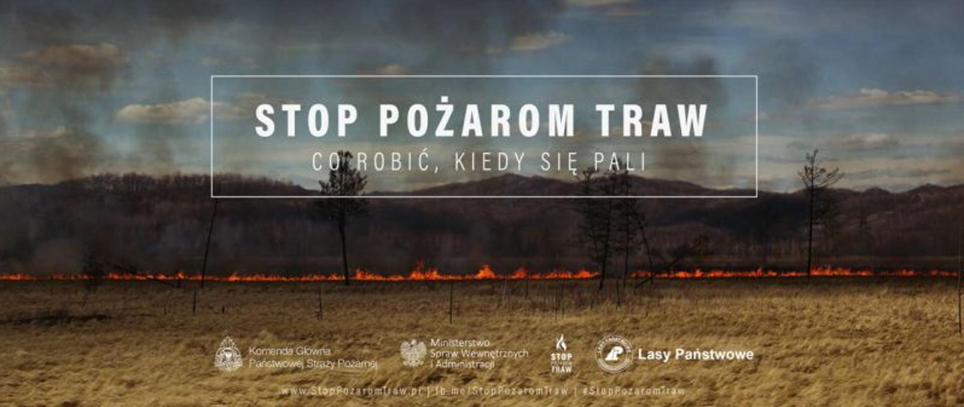 Na zdjęciu widok płonącej łaki, ginącej roślinności, silnego zadymienia - niepożądanego efektu wypalania traw .