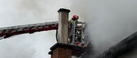 Strażacy w koszu podnośnika w trakcie działań gaśniczych. 