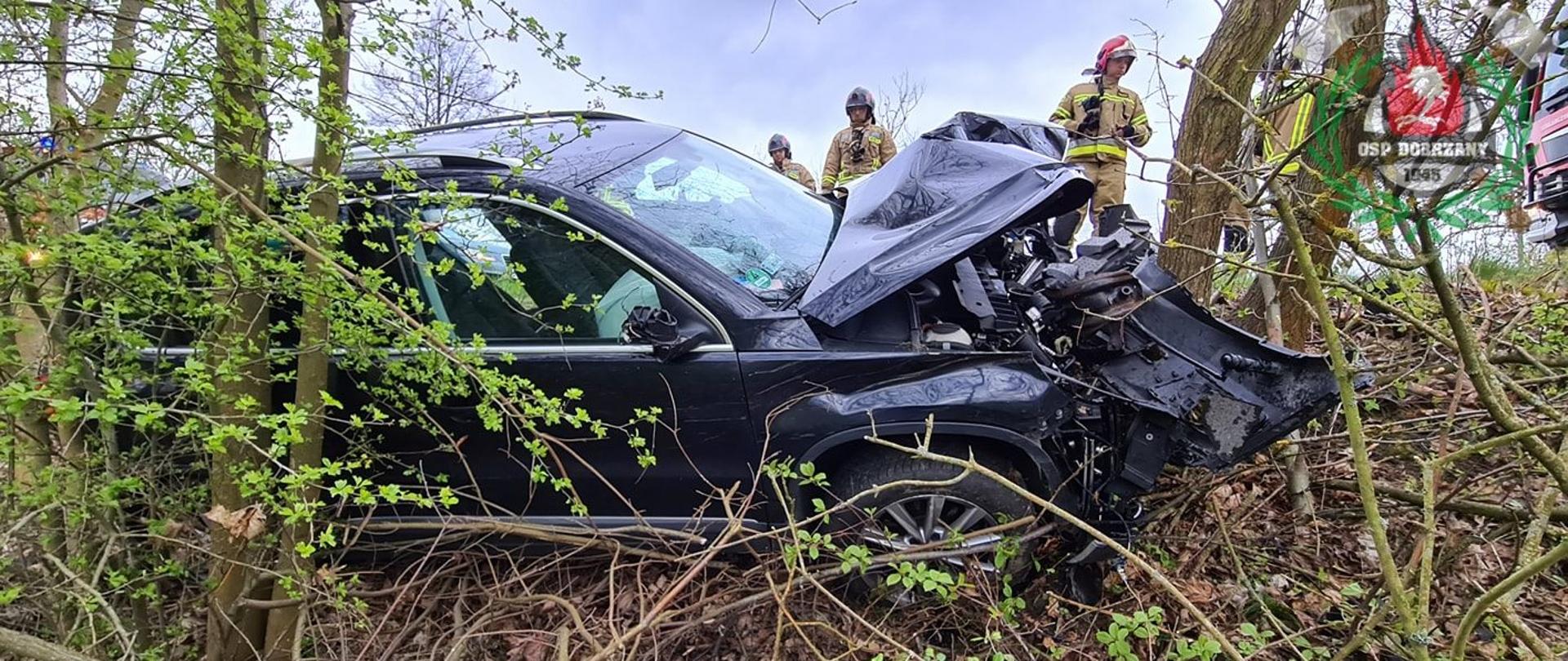 Rozbity samochód w zaroślach przydrożnego rowu