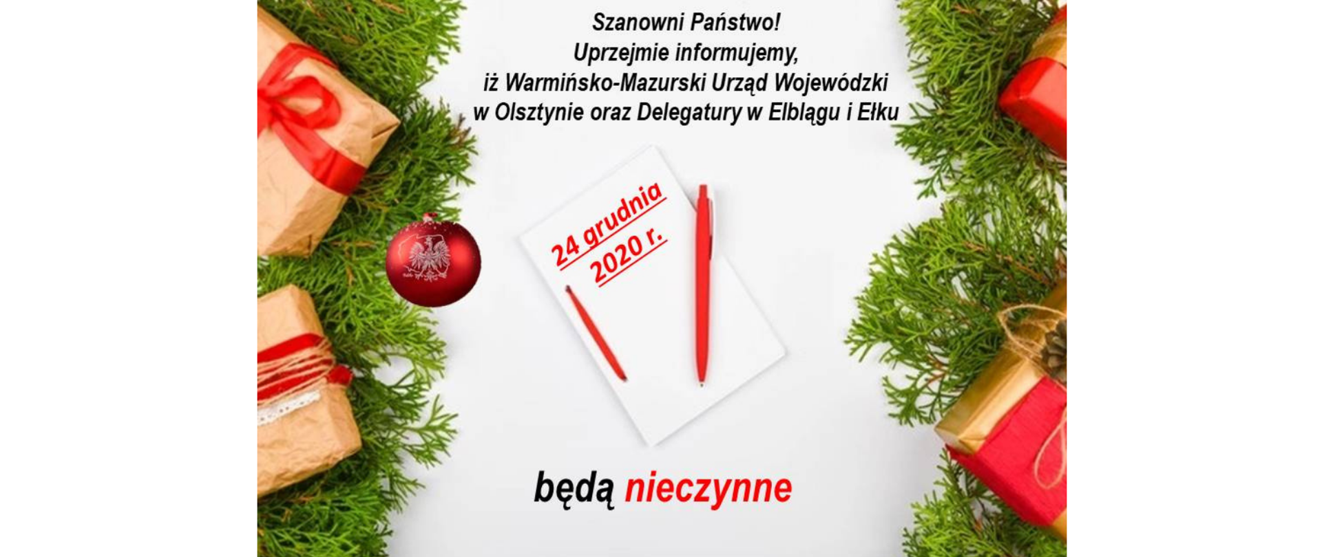 grafika choinka prezentacji i informacja o zamknięciu urzędów 24 grudnia