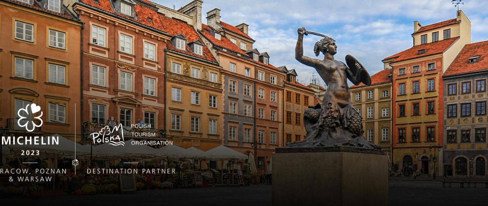 a view of Warsaw Market Square with a monument of Sirene - the emblem of Warsaw, the capital city of Poland