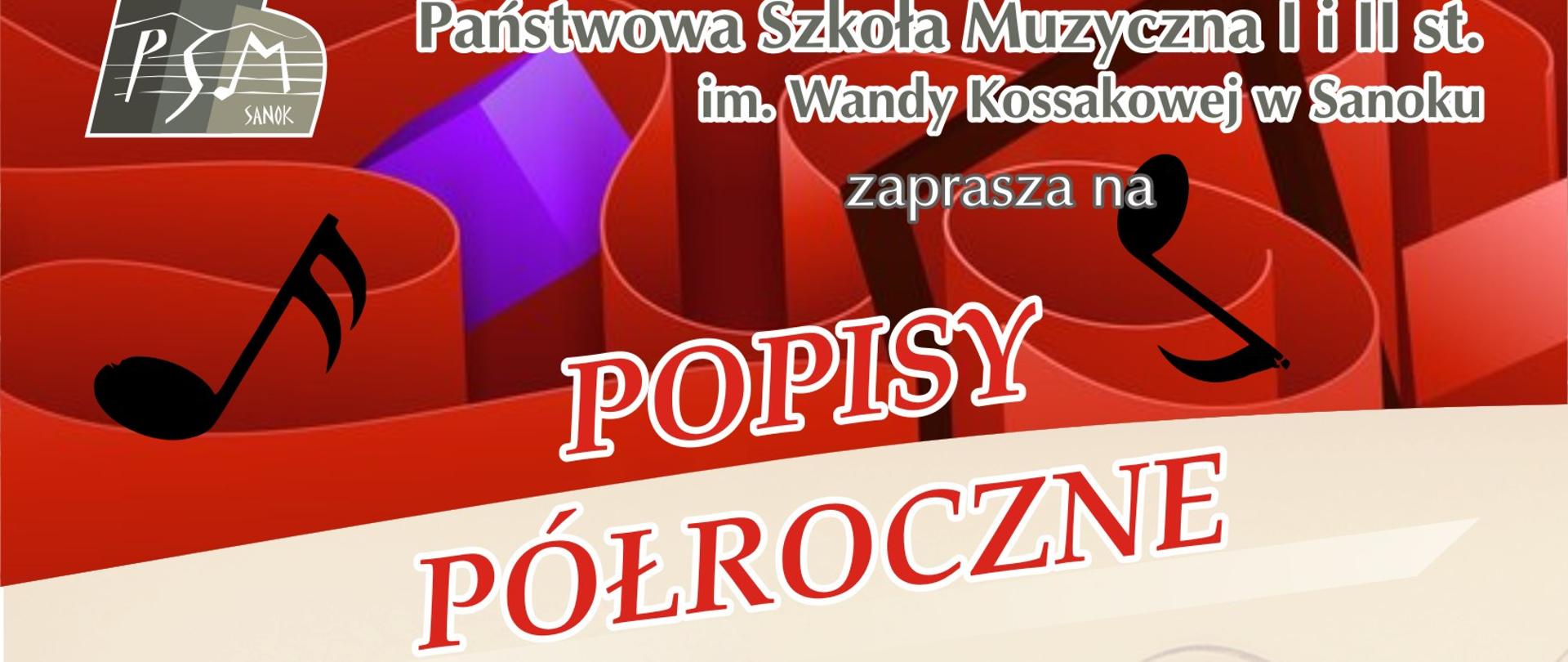 Plakat - Popis Półroczny 2025 - instrumenty na tle nut, czerwone tło, białe i czarne litery 