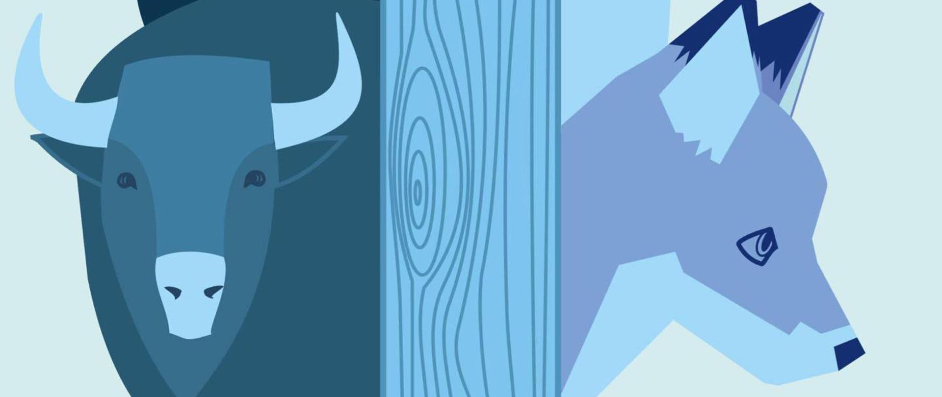 Praca graficzna, w odcieniach niebieskiego zwierzęta: dzik, jeleń, borsuk, sarna, żubr i lis wyglądające zza drzewa