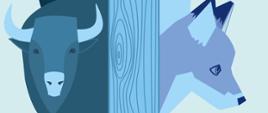Praca graficzna, w odcieniach niebieskiego zwierzęta: żubr i lis wyglądające zza drzewa