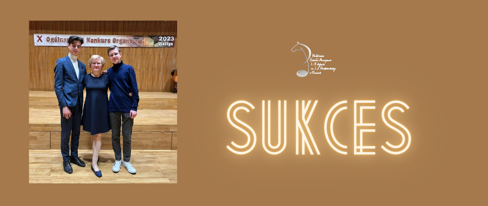 Laureaci Konkurs z Pedagogiem na scenie, obok napis sukces i logo PSM w Koninie