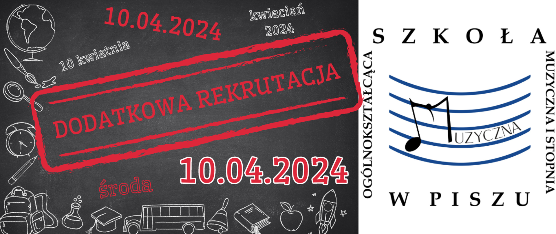Na ciemnym tle z grafikami przyborów szkolnych czerwona informacja o dodatkowym terminie badania przydatności do szkoły w dniu 10.04.2024r.