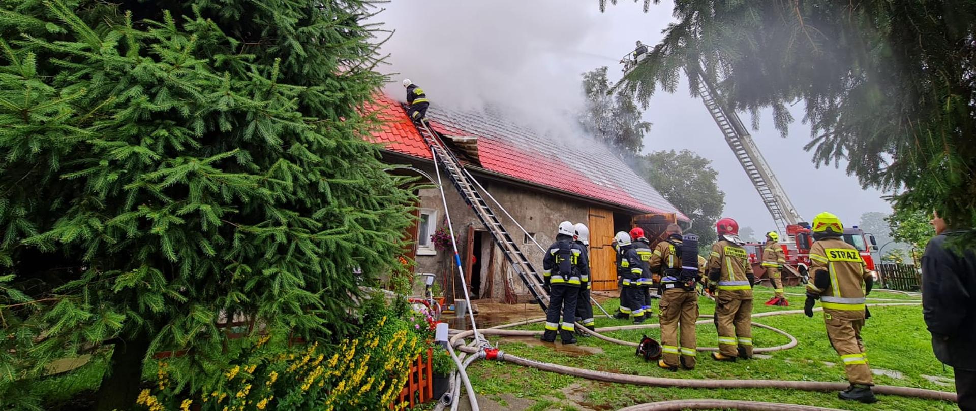 Dym wydobywający się z budynku, trwa dogadzanie na dachu przy pomocy drabiny strażak podaje jeden prąd wody na tlące się elementy konstrukcyjne budynku. Na trawniku przed budynkiem węże strażackie oraz stojąca grupa strażaków uczestnicząca w działaniach. W tle po prawej stronie widoczny pojazd gaśniczy z rozstawioną drabiną z której również podawany jest prąd gaśniczy. 