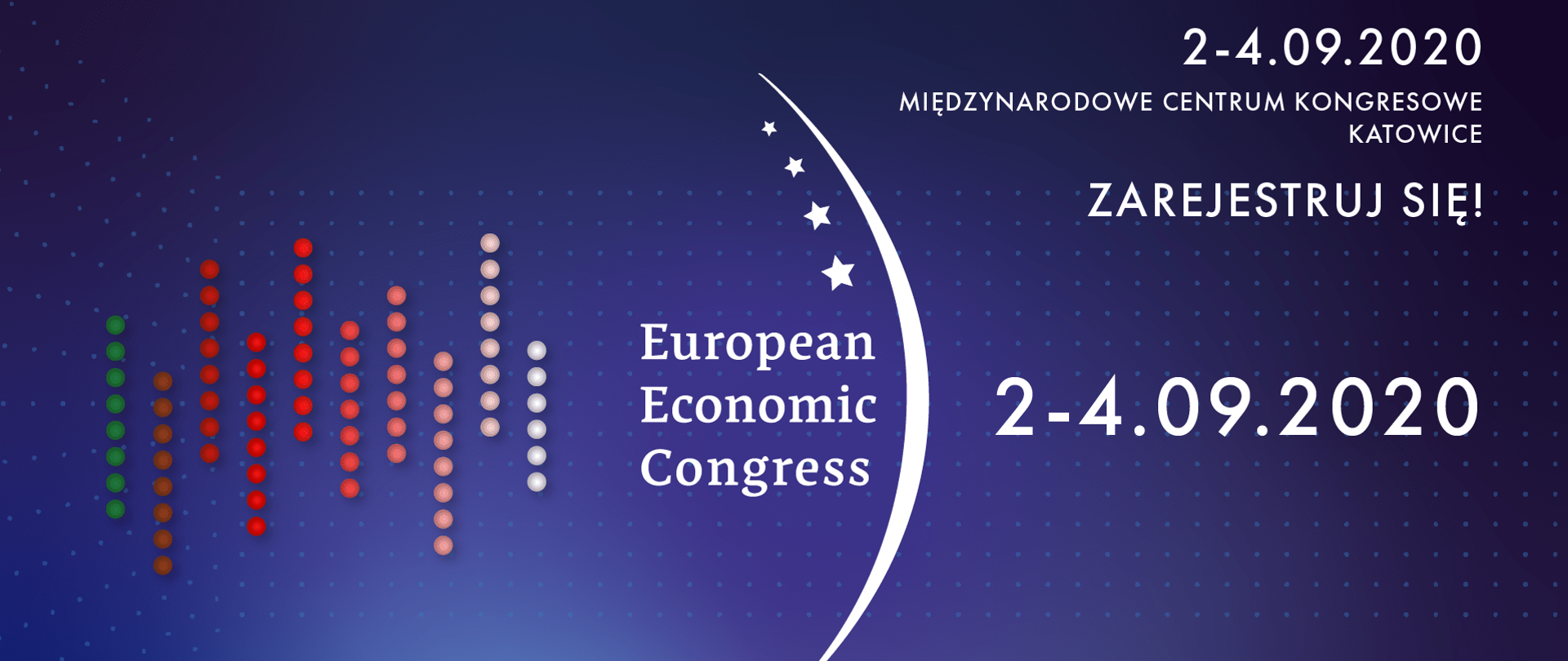 na granatowym tle widoczne rzędy kropek w różnych kolorach: od zielonego poprzez czerwony do białego. obok napis European Economic Congress. Nad napisem trzy gwiazdki i półksiężyc za którym data 2 - 4.09.20202