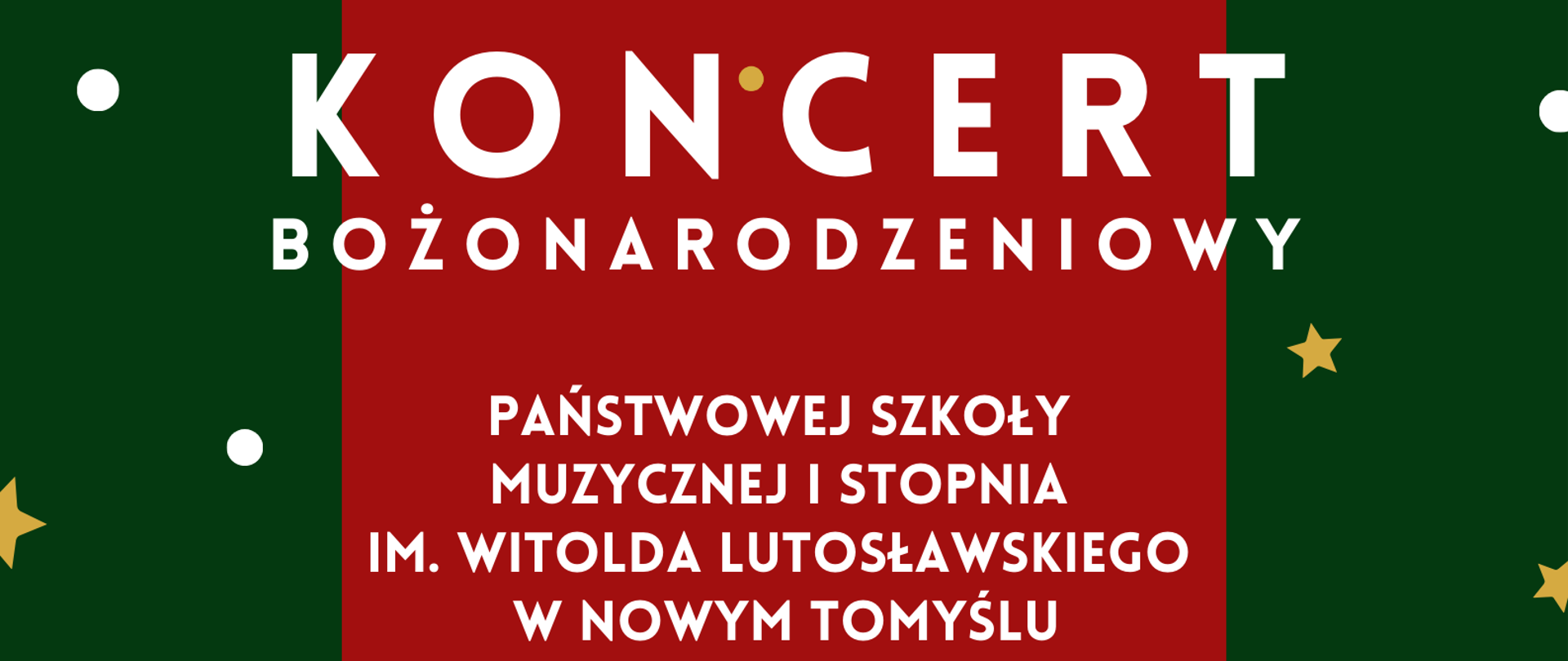 Plakat z informacjami na temat Koncertu Świątecznego, który odbędzie się w NOK w dniu 21.12.2023 o godzinie 16:30. Plakat na zielonym tle złote gwiazdki, prezenty, klucz wiolinowy oraz nuty. Pośrodku czerwony kwadrat, w dolnej cześci bordowy prostokąt oraz LOGO szkoły oraz NOK.