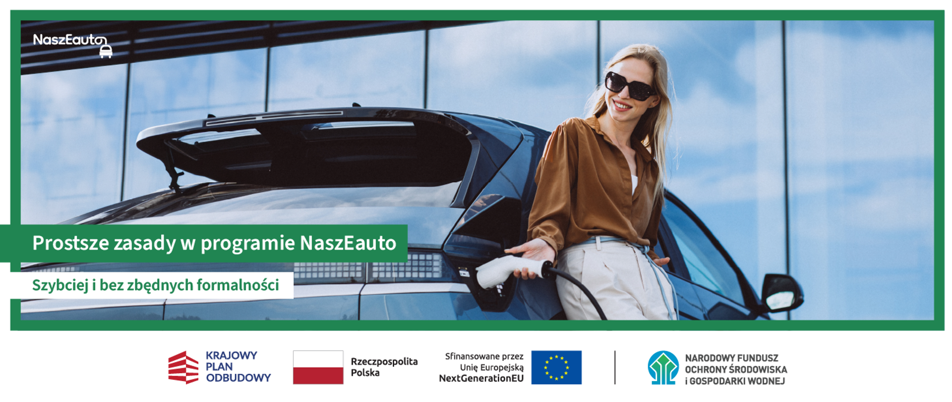 Grafika przedstawia uśmiechniętą kobietę ładującą samochód elektryczny